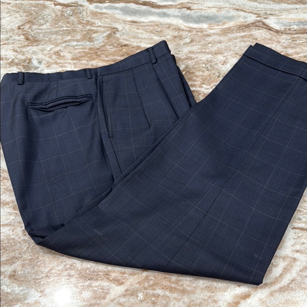 Men's Navy Plaid Dress Pants wool pleats 34 x 30 cuffs